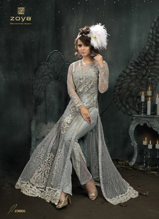 Grey Net Pant Style Suit 23006 Zoya SAPARKLE By Zoya