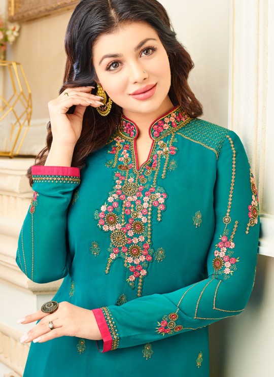 Aashirwad Queen Bottom Work Turquoise Pure Georgette Straight Suit By Aashirwad Queen Bottom Work-1004