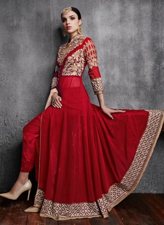 Red Georgette Embroidered Pant Style Suit 11000 Series 11003C Color By Arihant