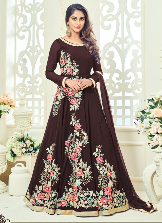 Coffee Faux Georgette Embroidered Floor Length Anarkali ROSSELL VOL 2 18012 Coffee By Arihant