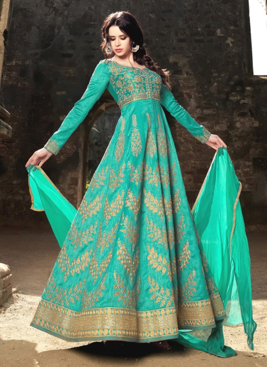 Turquoise Silk Embroidered Floor Length Anarkali HARITAGE 1582 By Bela Fashion Turquoise Silk Embroidered Floor Length Anarkali HARITAGE 1582 By Bela Fashion