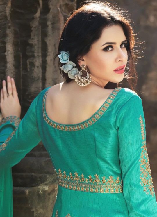 Turquoise Silk Embroidered Floor Length Anarkali HARITAGE 1582 By Bela Fashion Turquoise Silk Embroidered Floor Length Anarkali HARITAGE 1582 By Bela Fashion