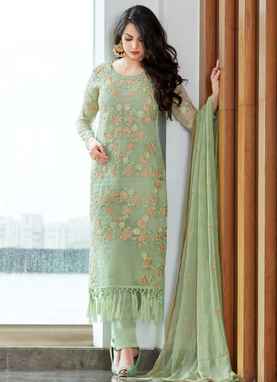 Pista Green Organza Embroidered Straight Suits MONARK 409 By Bela Fashion
