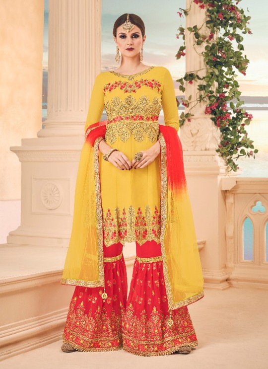 Yellow Geoegette Pakistani Sharara Salwar Kameez DULHAN-6 14003 By Deepsy