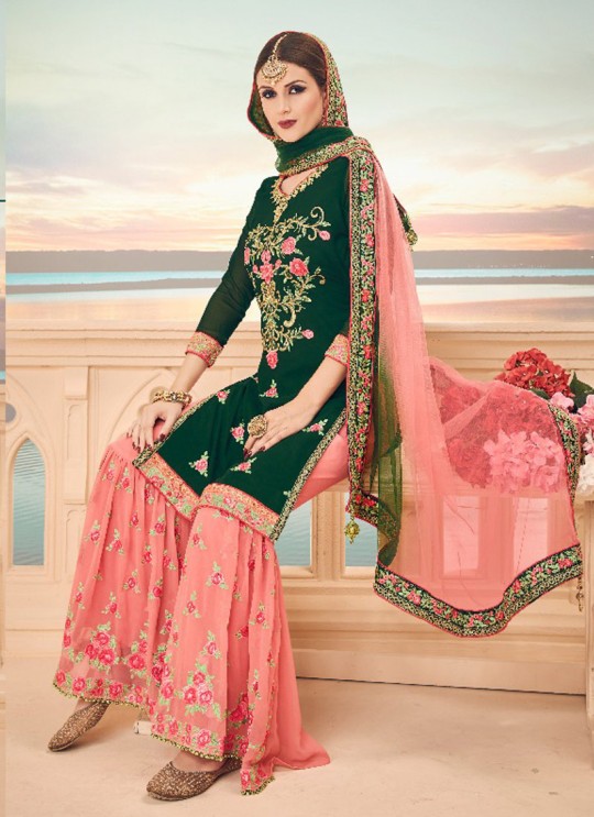 Green Geoegette Pakistani Sharara Salwar Kameez DULHAN-6 14004 By Deepsy