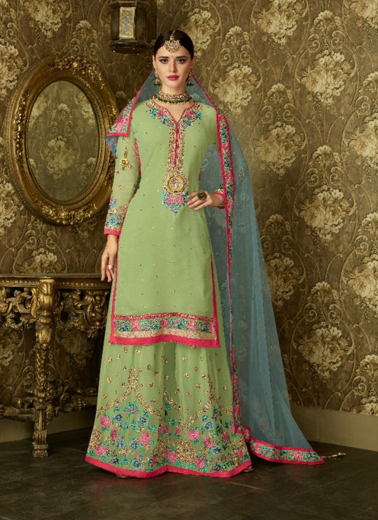Green Geoegette Pakistani Palazzo Suit DULHAN 2 BRIDEL COLLECTION 2001 By Deepsy