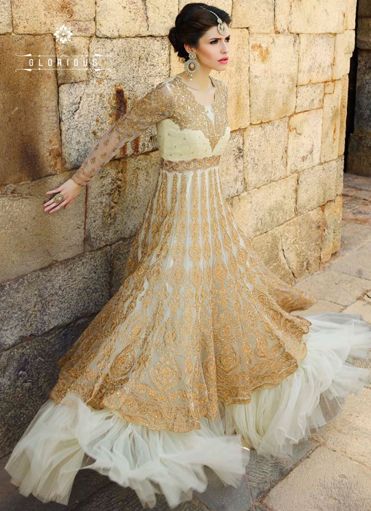 Off-white Net Gown Style Anarkali 12001 Series 12006 By Glossy