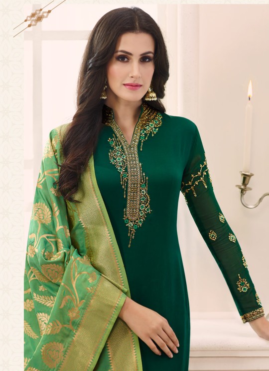 Green Satin Georgette Straight Suit SIMAR SHABANA 12013 By Glossy