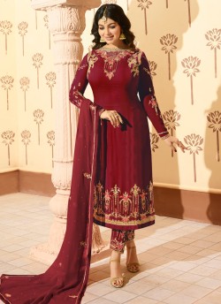 Maroon Faux Georgette Pant Style Suit MINAZ Vol-2 227 By Glossy