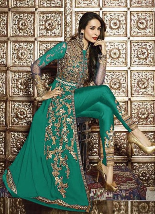 Green Faux Georgette Pant Style Suit 621  Series 626 Green Color By Glossy