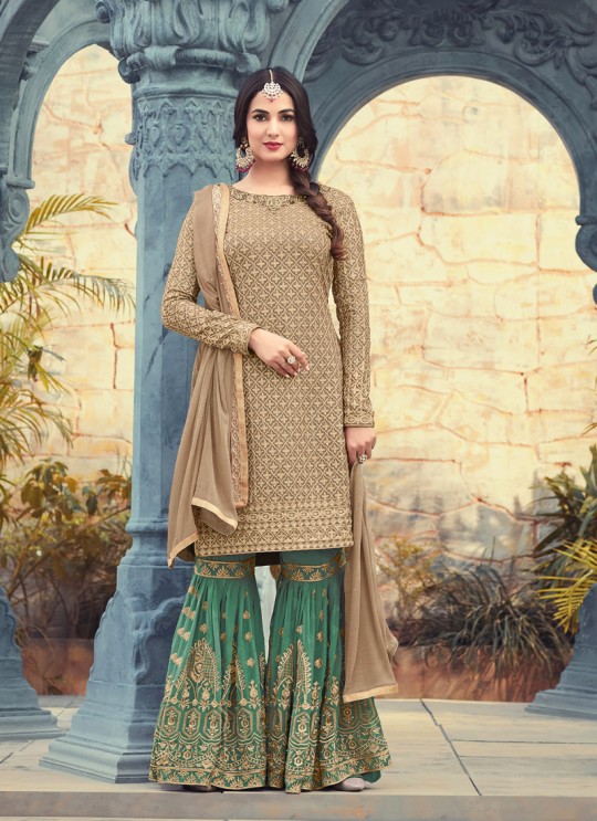 Beige Georgette Pakistani Sharara Kameez Pearl 5501C Color By Maisha