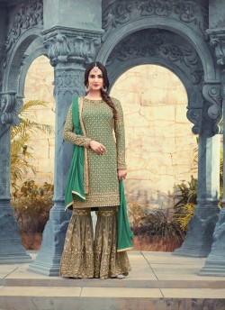 Green Georgette Pakistani Sharara Kameez Pearl 5501D Color By Maisha